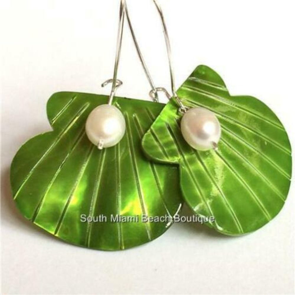 Silver Pearl Scallop Shell Earrings Fair Trade Green Handmade Freshwater